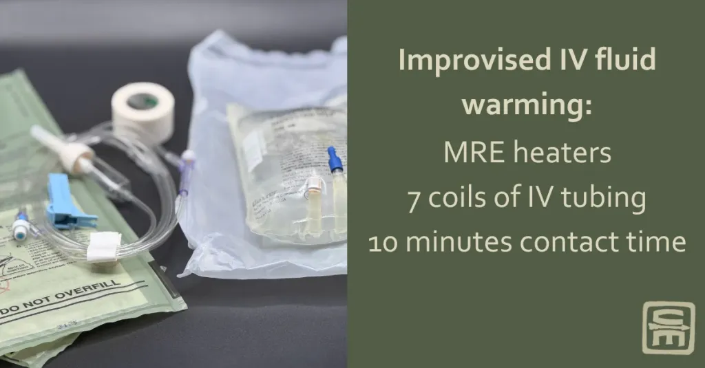 A throw down of the items necessary to turn MRE heaters into IV warmers: IV fluid, 2 MRE heaters, tape, and IV tubing coiled 7 times